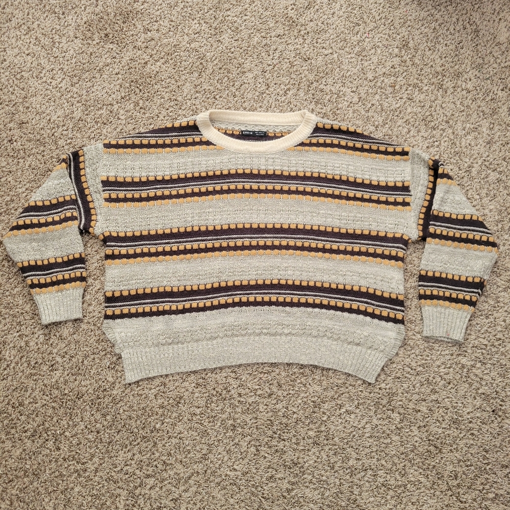 Shein Sweater Brown Beige Taupe Orange Striped Crew Neck 90s Alt Size Medium 6